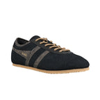 Navy suede Gola trainer with textured side stripes and gum sole