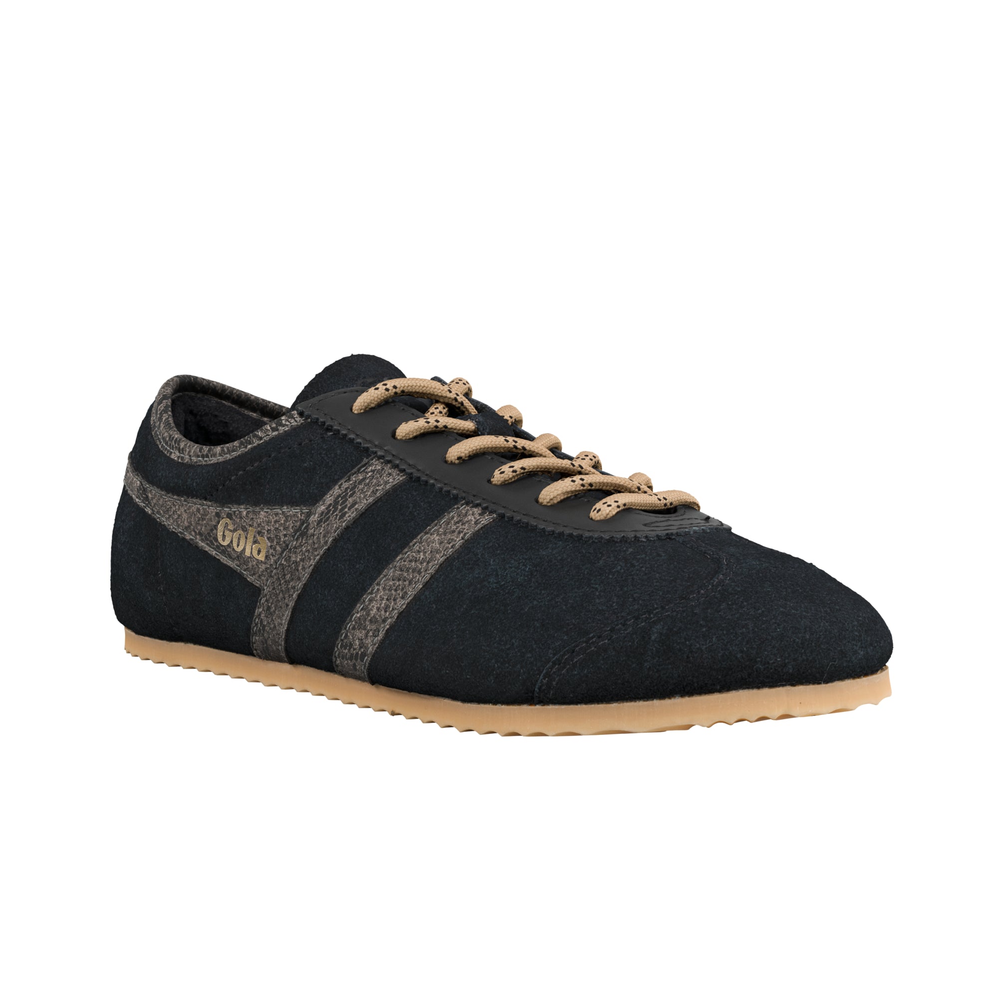 Navy suede Gola trainer with textured side stripes and gum sole