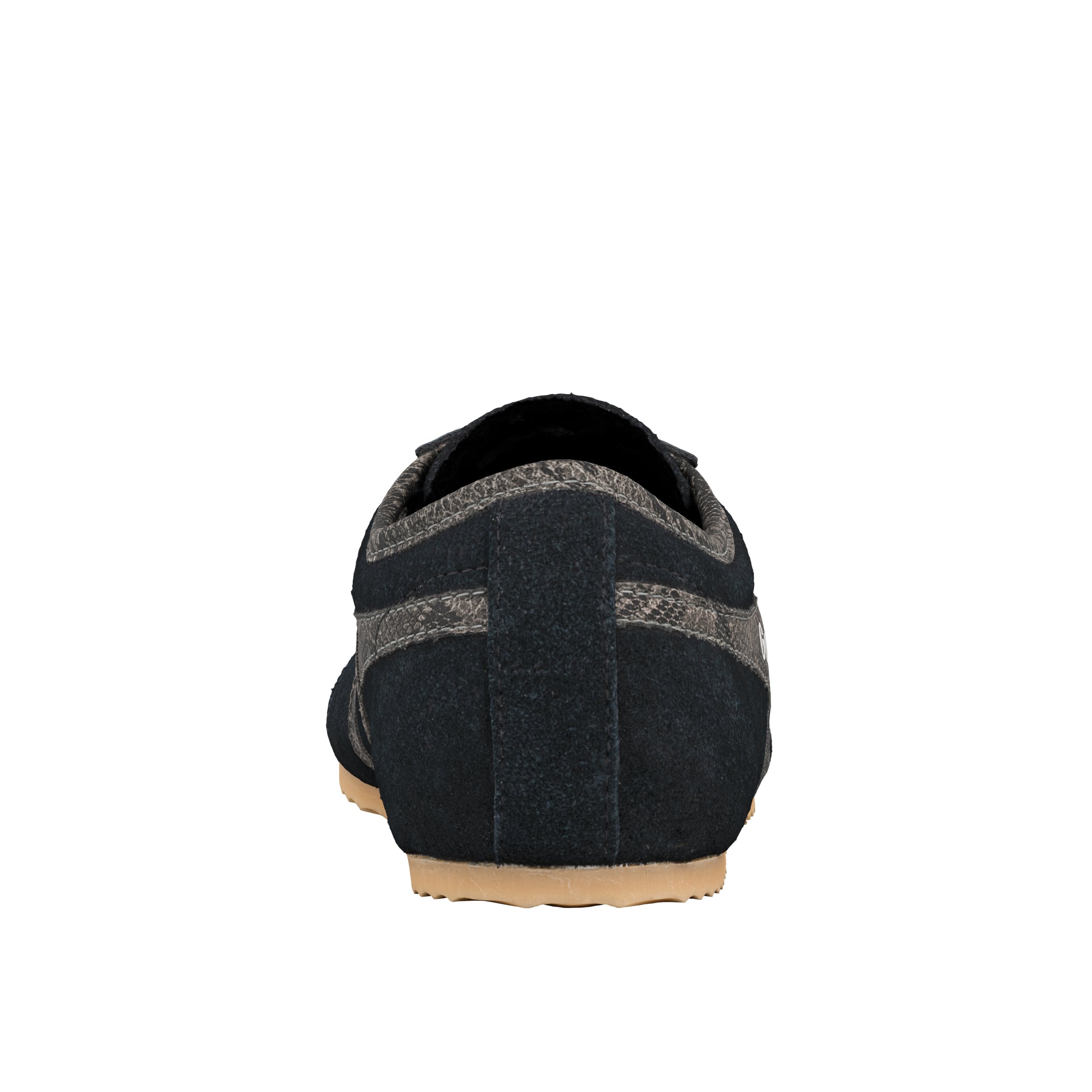 Rear view of a navy blue suede trainer with grey textured detailing and a gum rubber sole