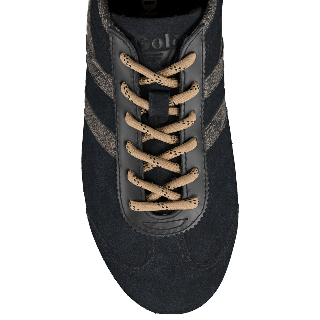 Black suede trainer with beige laces and snake print side stripes
