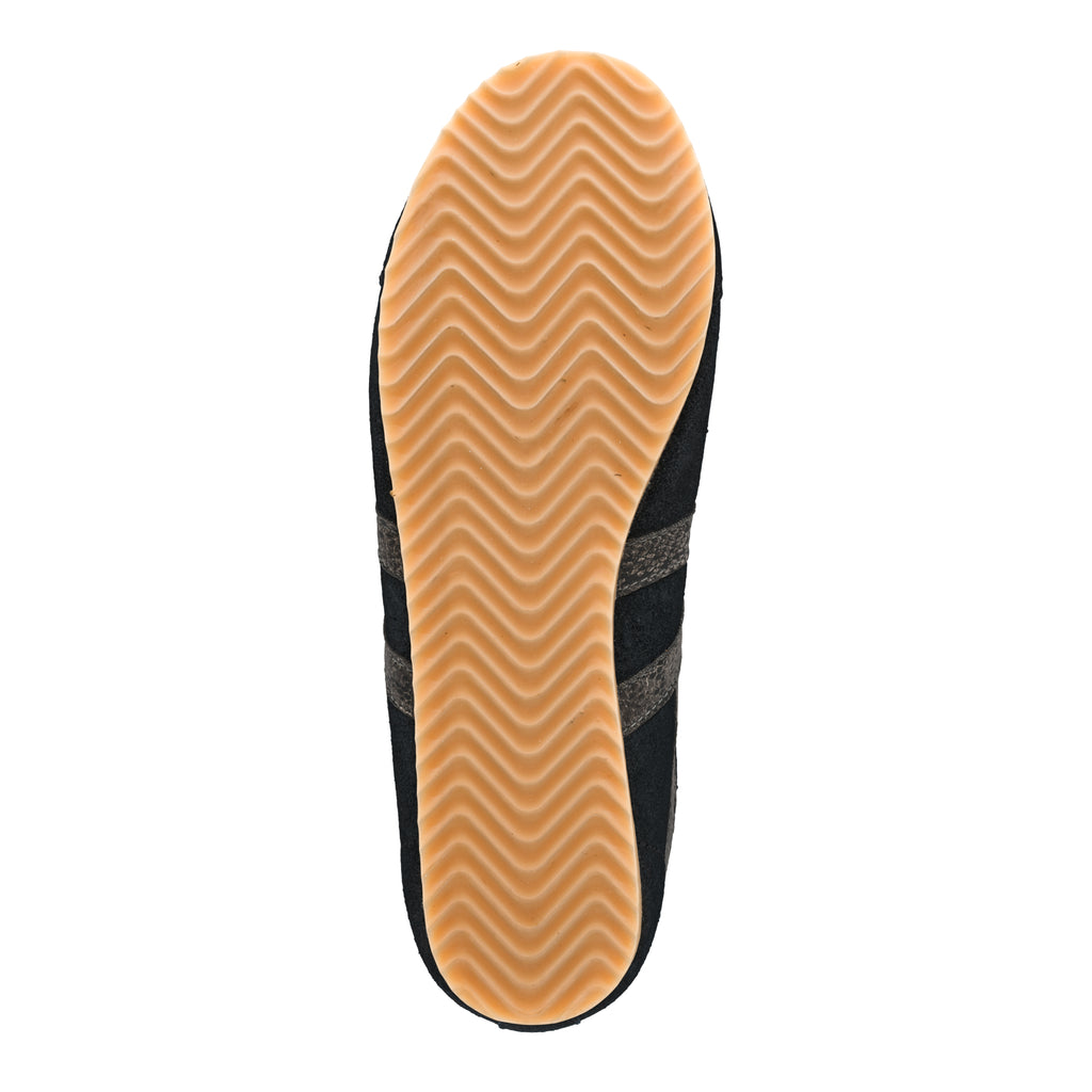 Underside of a black trainer with a gum rubber wavy tread pattern