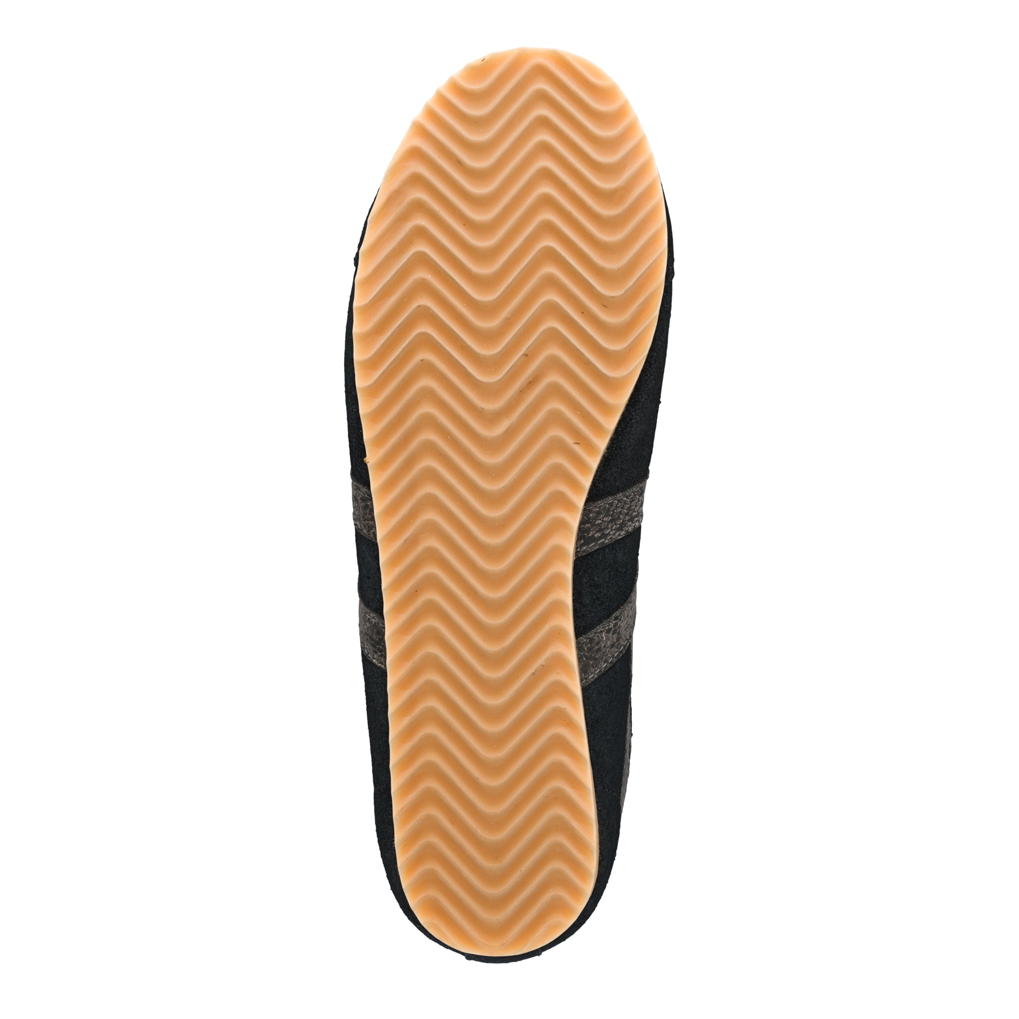Underside of a black trainer with a gum rubber wavy tread pattern