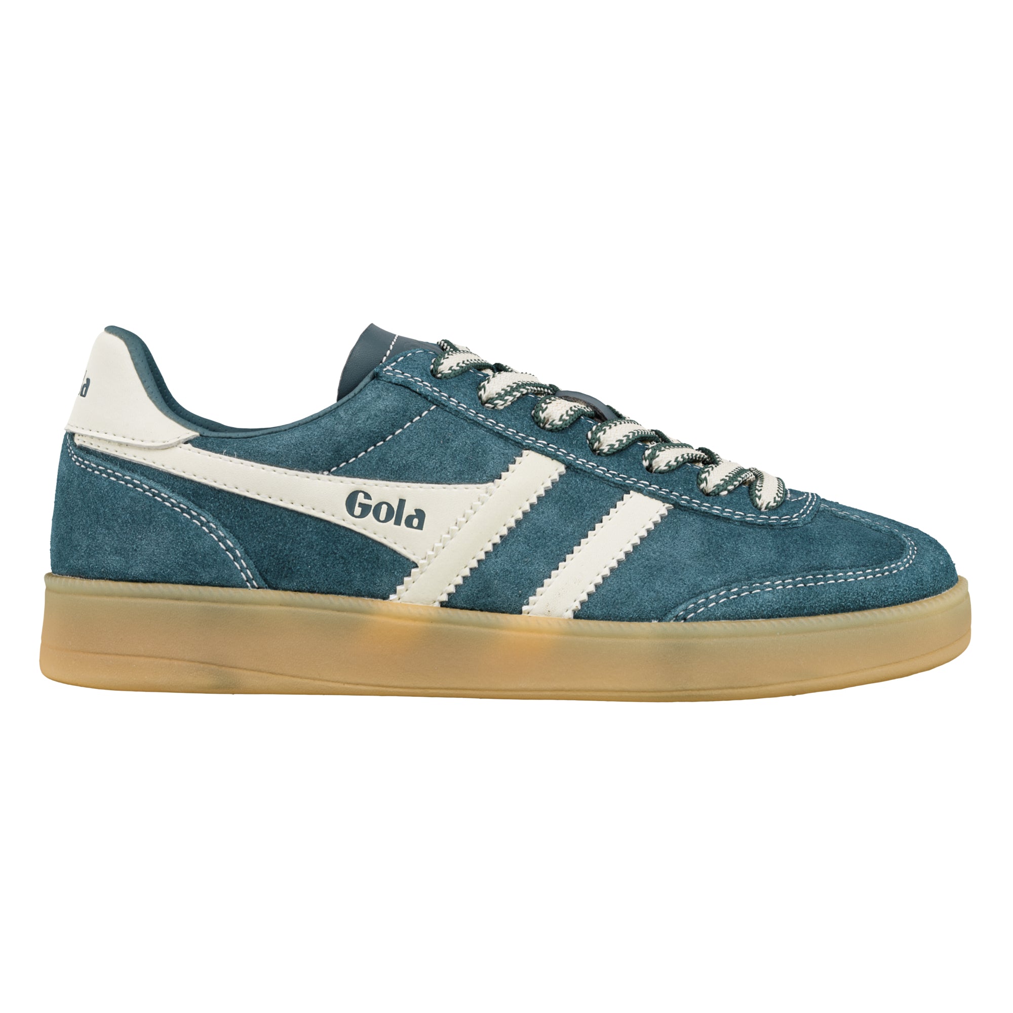 Blue suede Gola trainer with white side stripes and gum sole