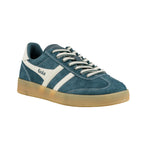 Blue suede Gola trainer with white side stripes and gum sole