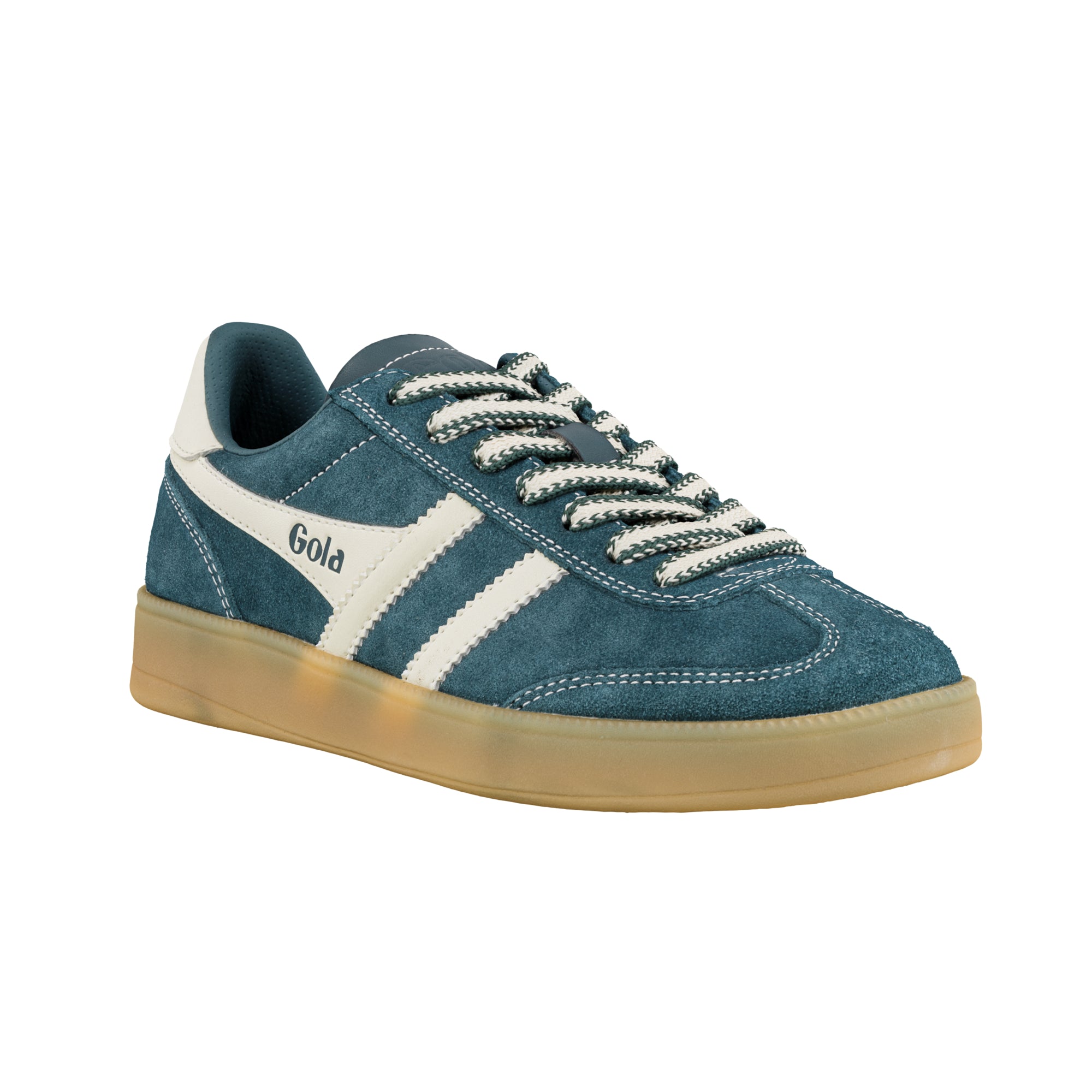 Blue suede Gola trainer with white side stripes and gum sole