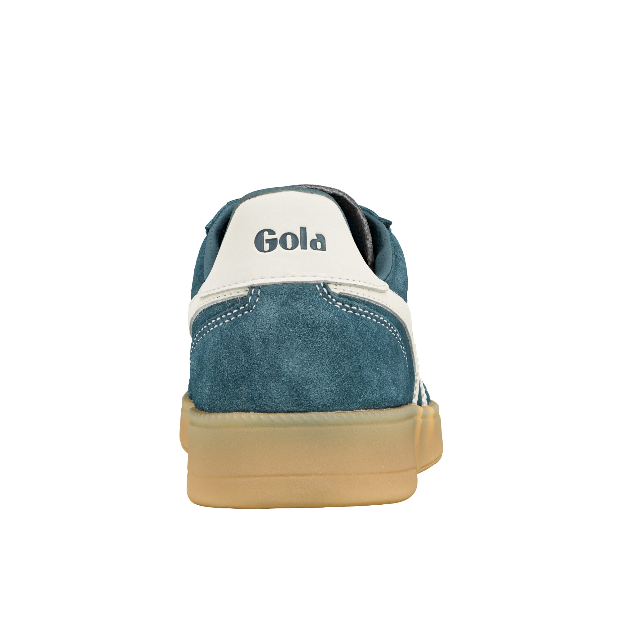 Rear view of a blue suede Gola trainer with a white heel tab and gum sole