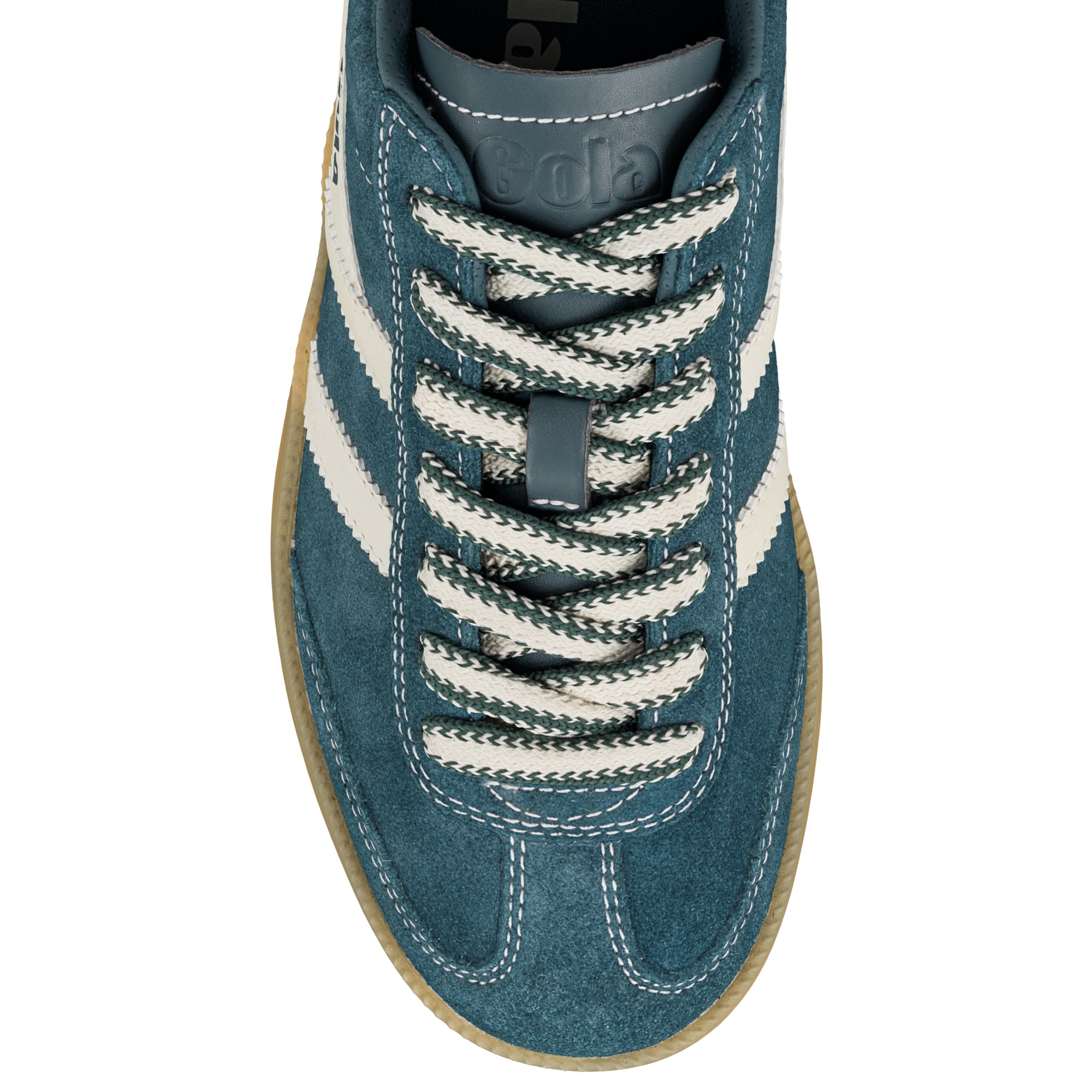 Top view of a blue suede Gola trainer with white side stripes and patterned laces
