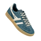 Blue suede Gola trainer with white side stripes and gum sole
