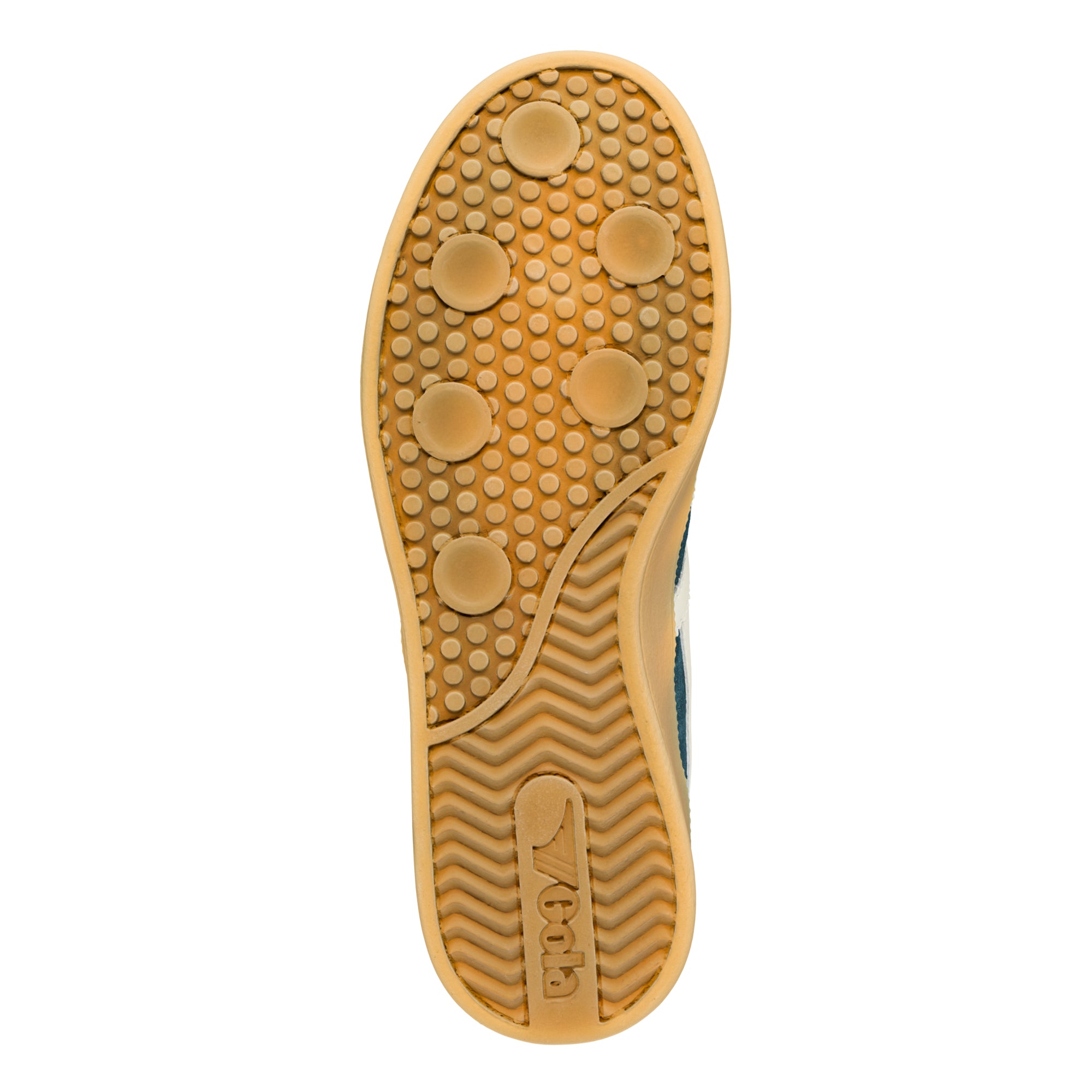 Tan rubber trainer sole with circular grip pattern and Gola branding
