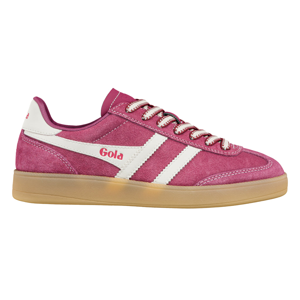 Pink suede Gola trainer with white side stripes and gum sole