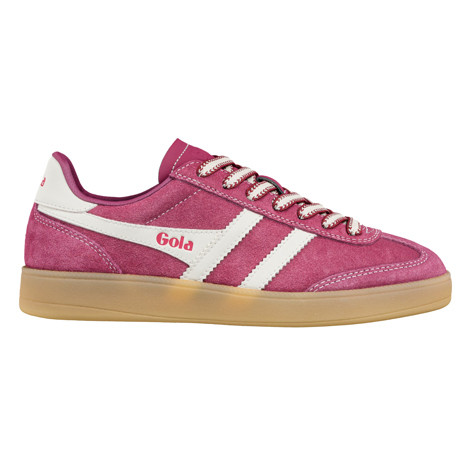 Pink suede Gola trainer with white side stripes and gum sole