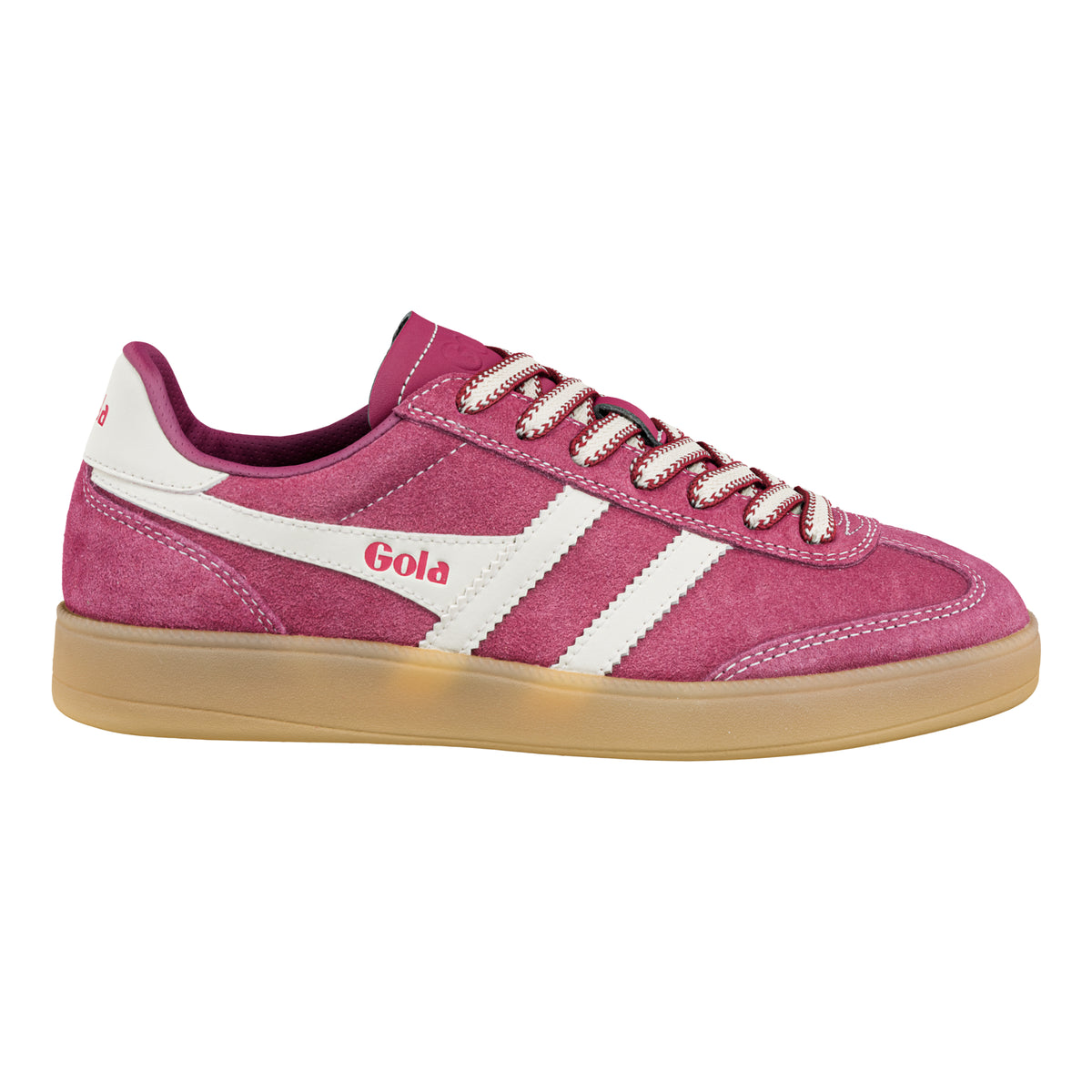 Gola Classics pink suede trainer with white side stripes and gum sole