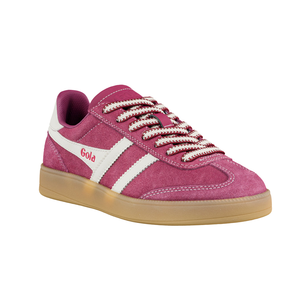 Magenta suede Gola trainer with white side stripes and gum rubber sole