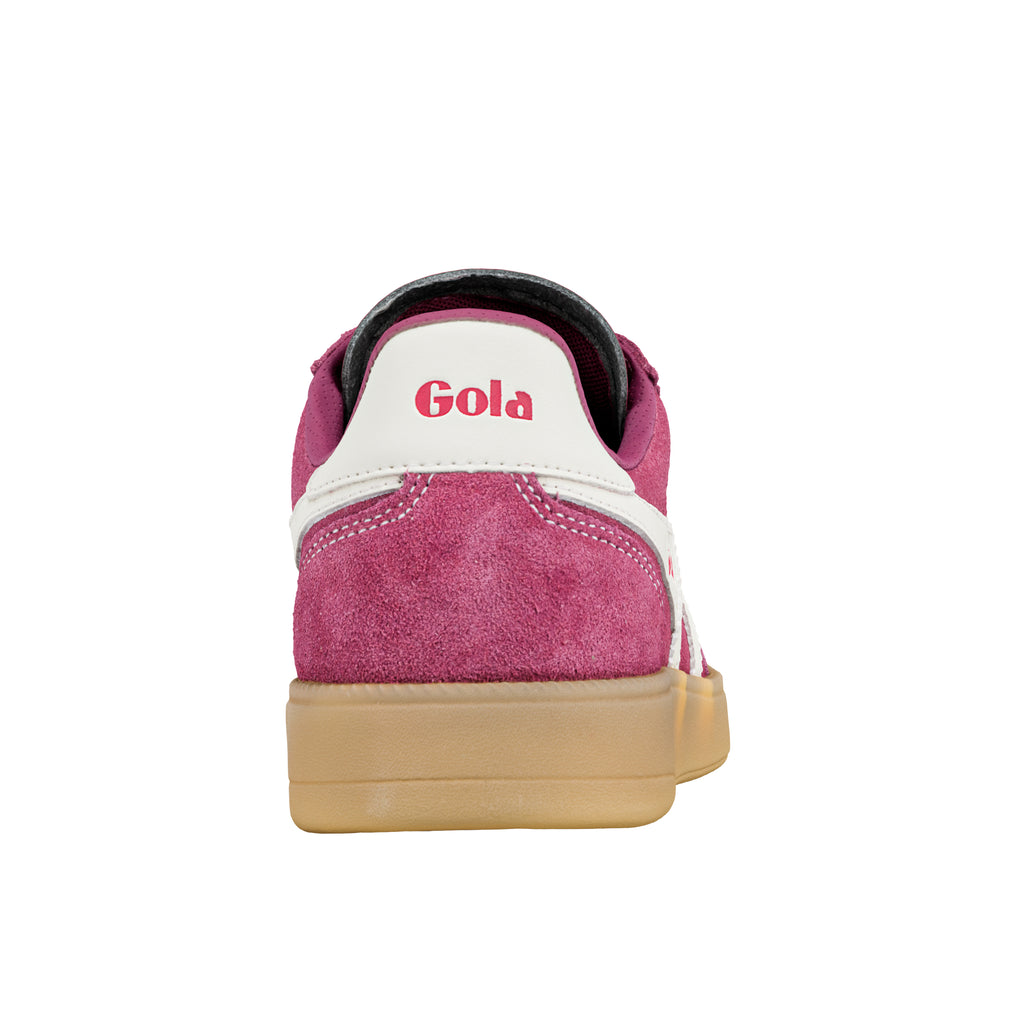 Rear view of a magenta suede Gola trainer with a white heel tab and gum sole