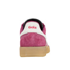Rear view of a magenta suede Gola trainer with a white heel tab and gum sole