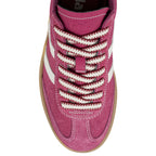 Top view of a pink suede Gola trainer with white striped detailing and patterned laces