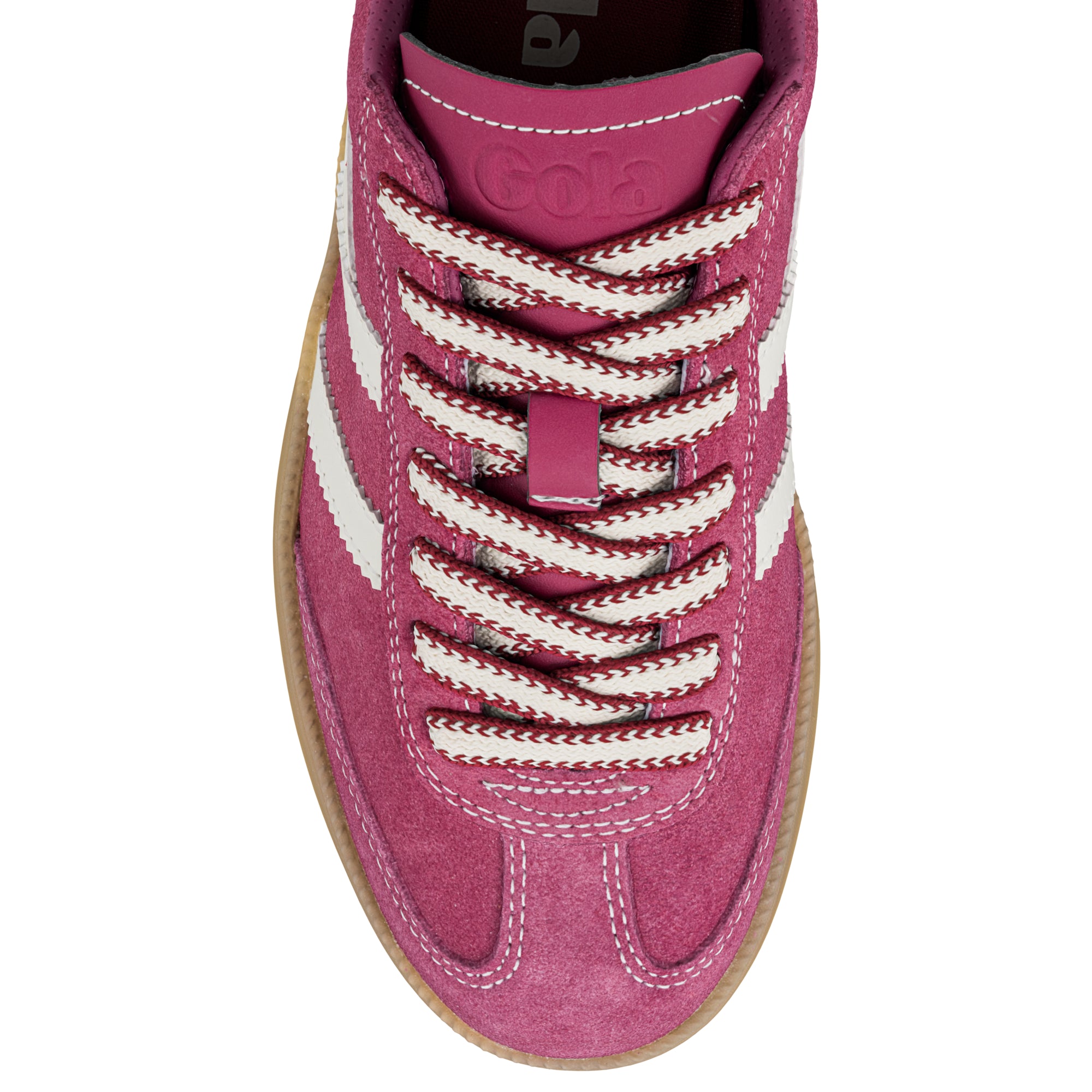 Top view of a pink suede Gola trainer with white striped detailing and patterned laces