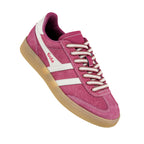 Pink suede Gola trainer with white side stripes and a gum sole