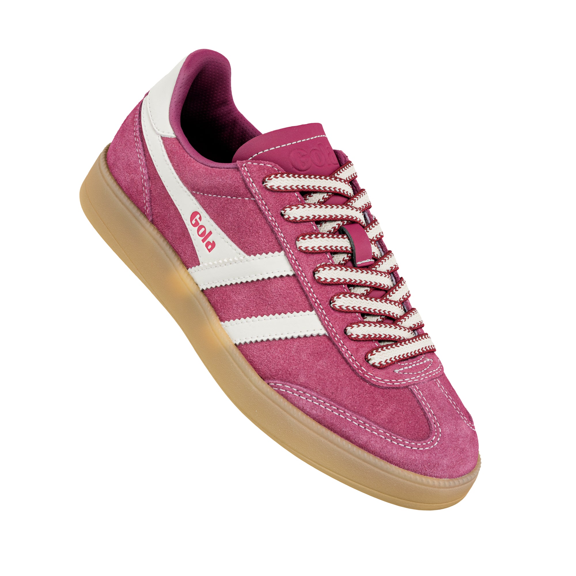 Pink suede Gola trainer with white side stripes and a gum sole