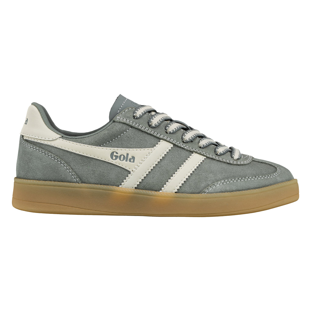 Grey suede Gola trainer with white side stripes and a gum sole