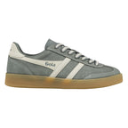 Grey suede Gola trainer with white side stripes and a gum sole