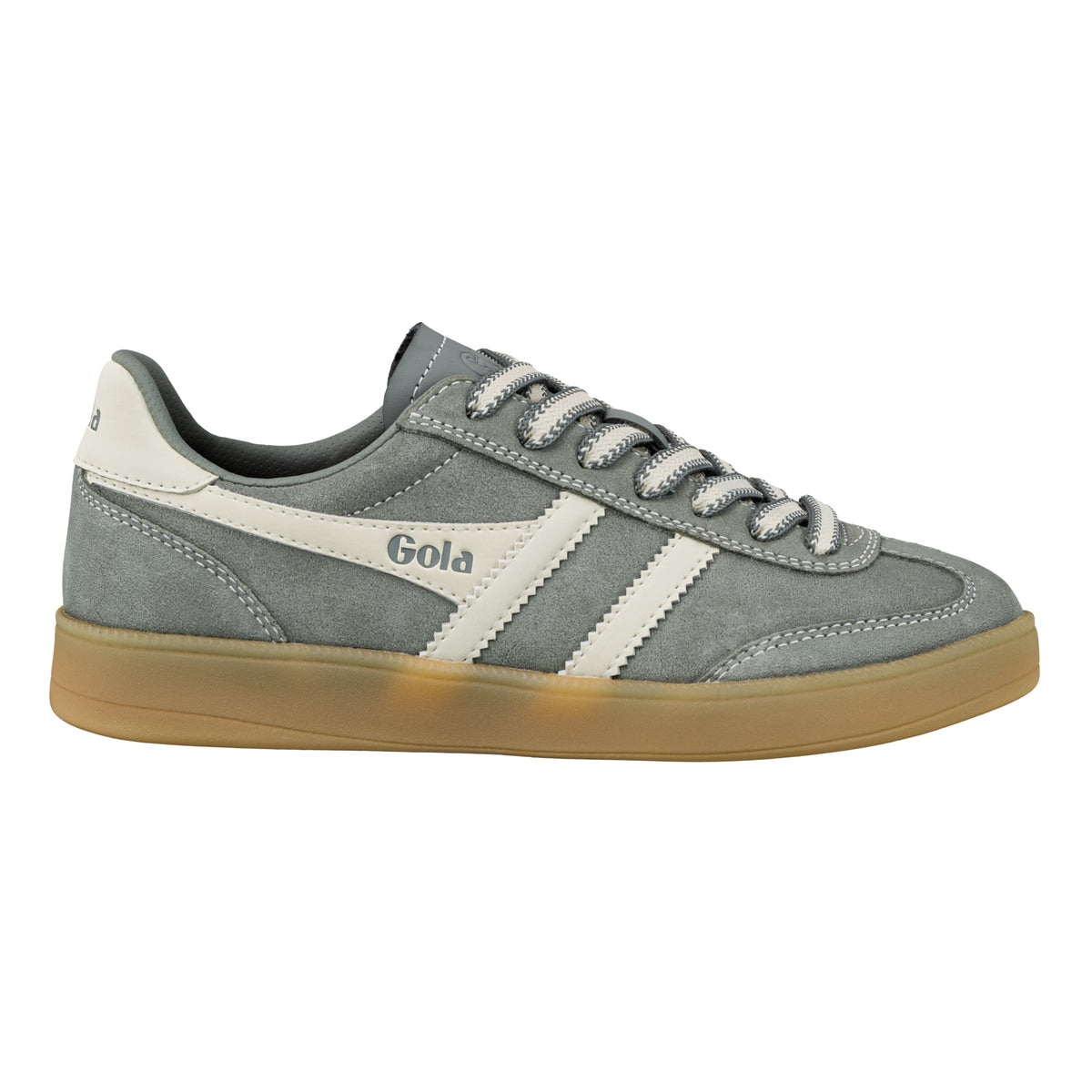 Gola Classics grey suede trainer with white side stripes and gum sole