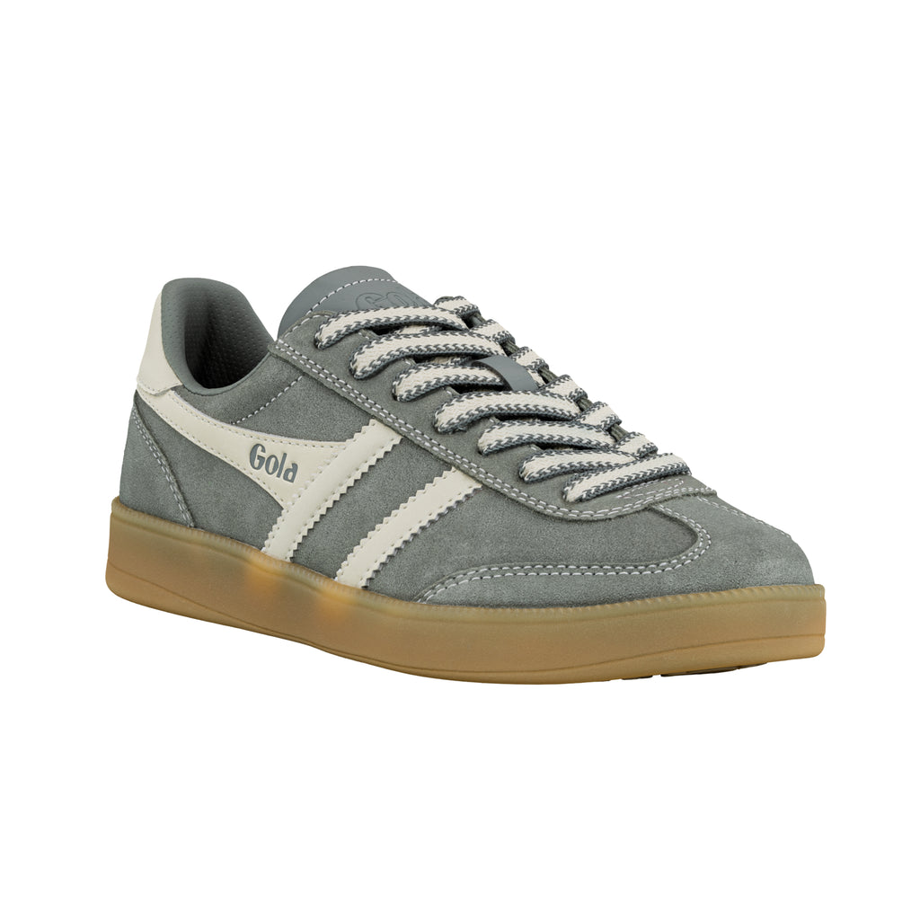 Grey suede Gola trainer with white side stripes and gum rubber sole