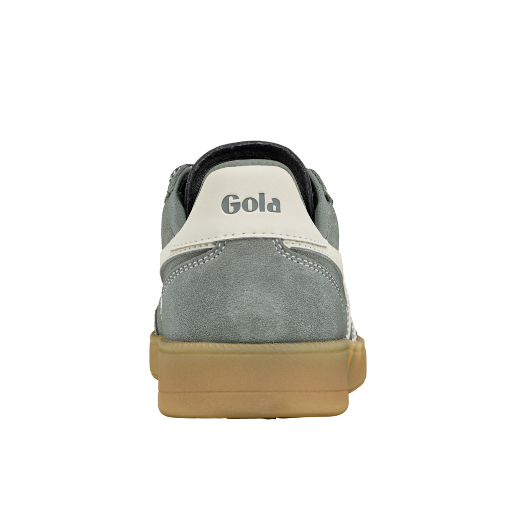 Rear view of a grey suede Gola trainer with a gum rubber sole