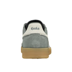 Rear view of a grey suede Gola trainer with a gum rubber sole