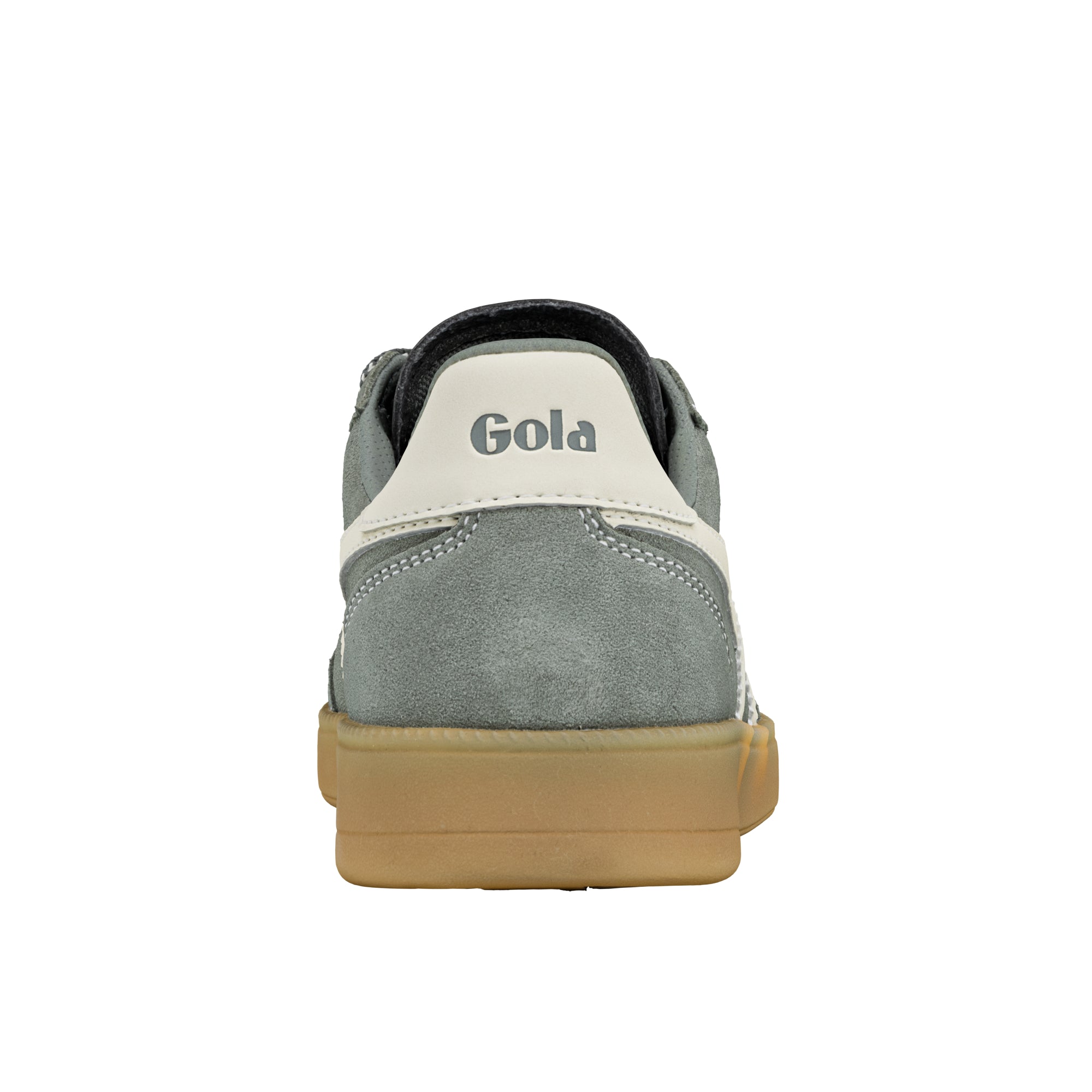 Rear view of a grey suede Gola trainer with a gum rubber sole