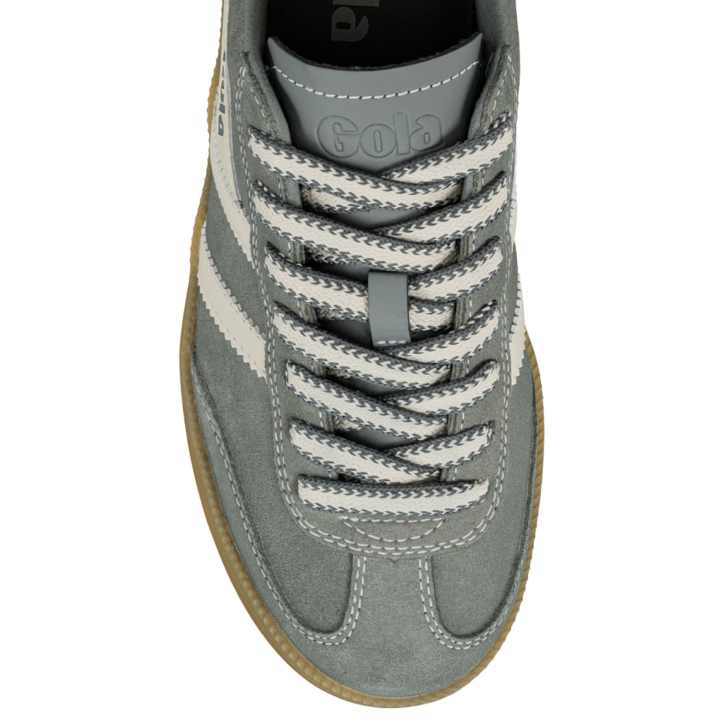 Top view of a grey suede Gola trainer with white laces and a gum sole