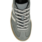Top view of a grey suede Gola trainer with white laces and a gum sole