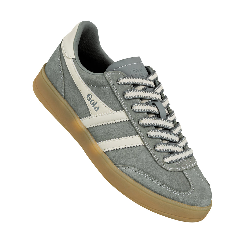 Grey suede Gola trainer with white side stripes and a gum sole