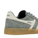 Close up of the heel and side of a grey suede Gola trainer with a gum sole