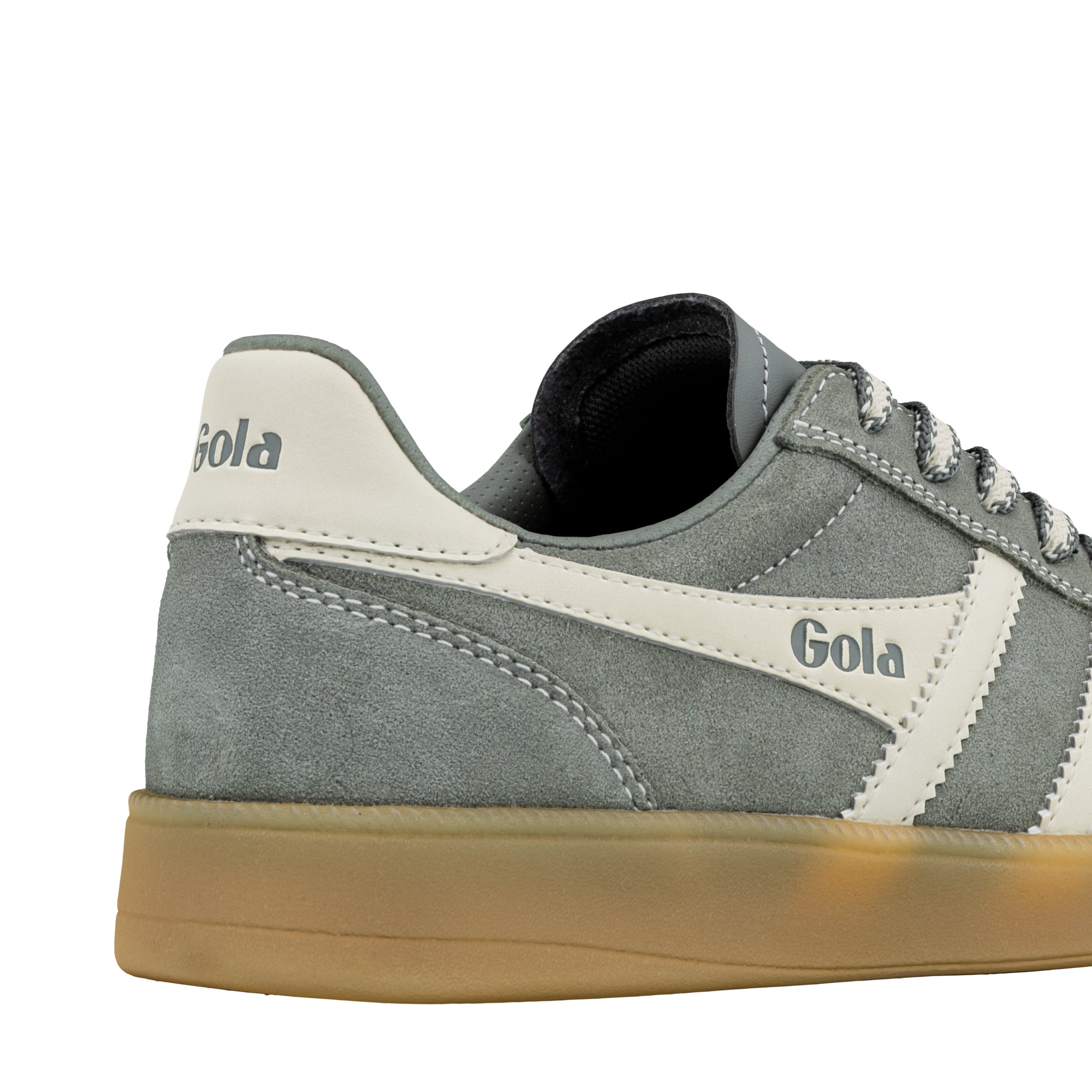 Close up of the heel and side of a grey suede Gola trainer with a gum sole
