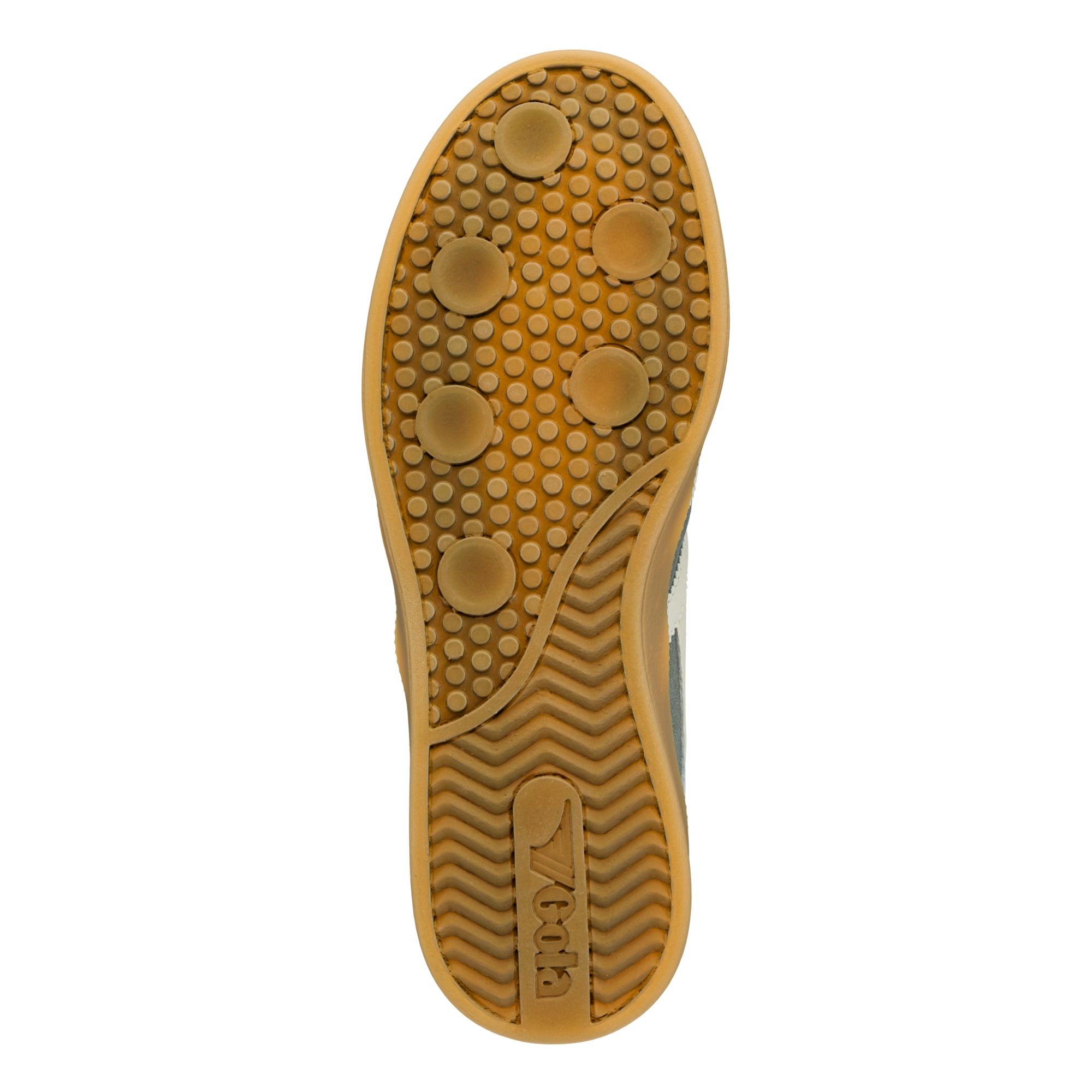 Brown rubber trainer sole with circular grip pattern and Gola logo