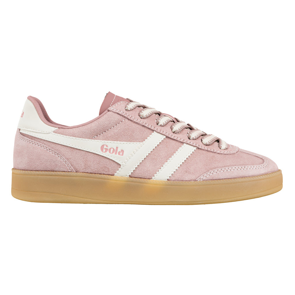 Pink suede Gola trainer with white side stripes and a gum sole