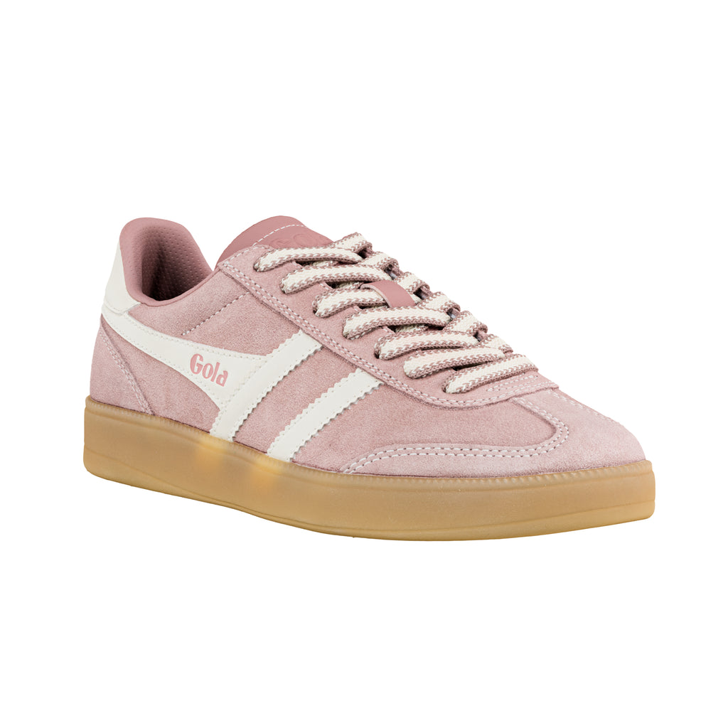 Pink suede Gola trainer with white side stripes and a gum sole