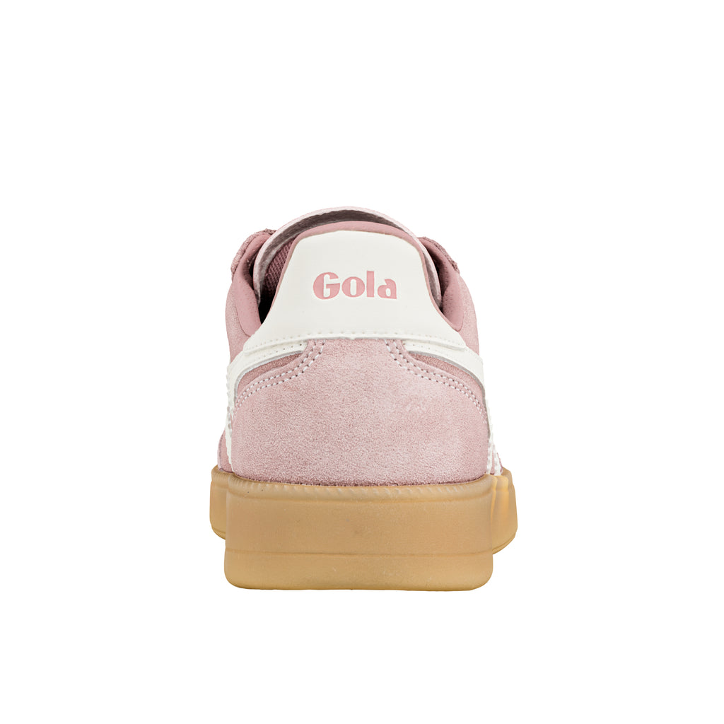 Rear view of a pink suede Gola trainer with a gum rubber sole