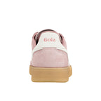 Rear view of a pink suede Gola trainer with a gum rubber sole