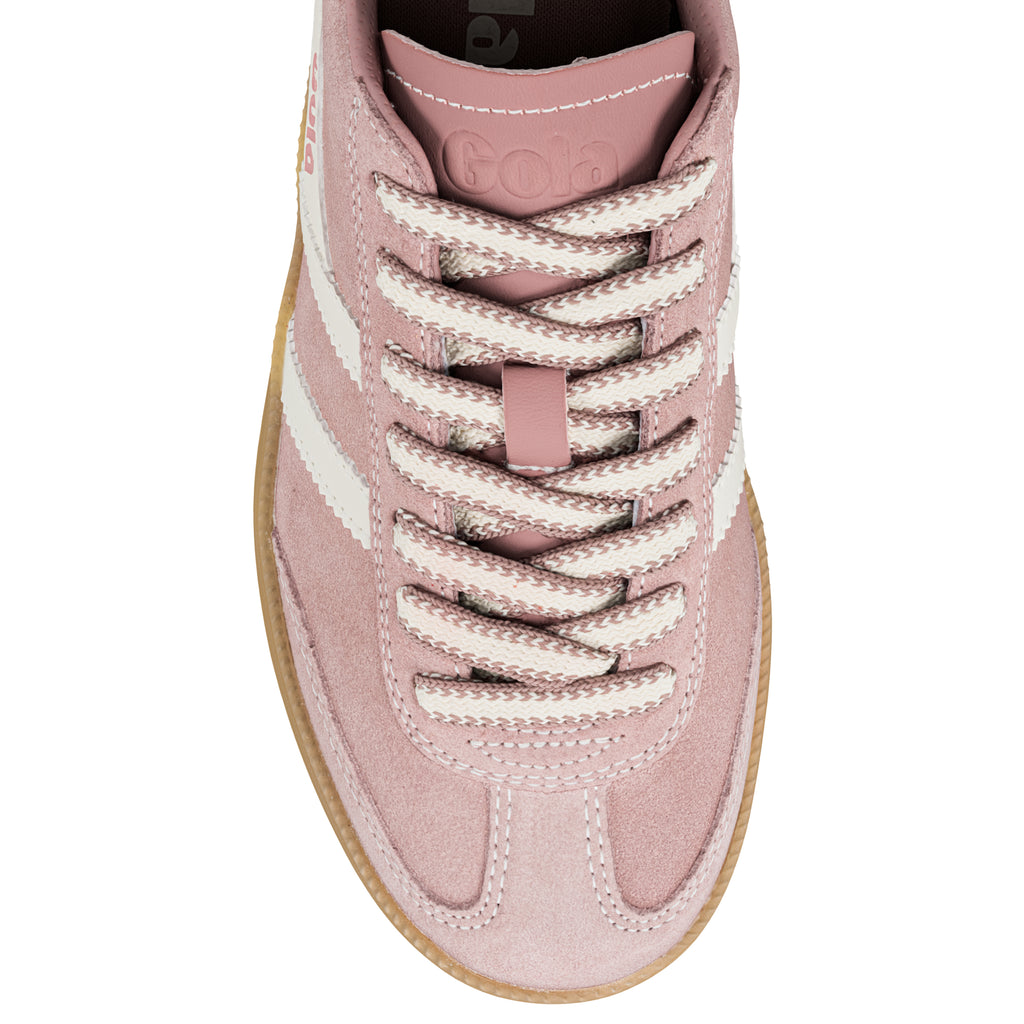 Top view of a pink suede Gola trainer with white laces and a gum sole