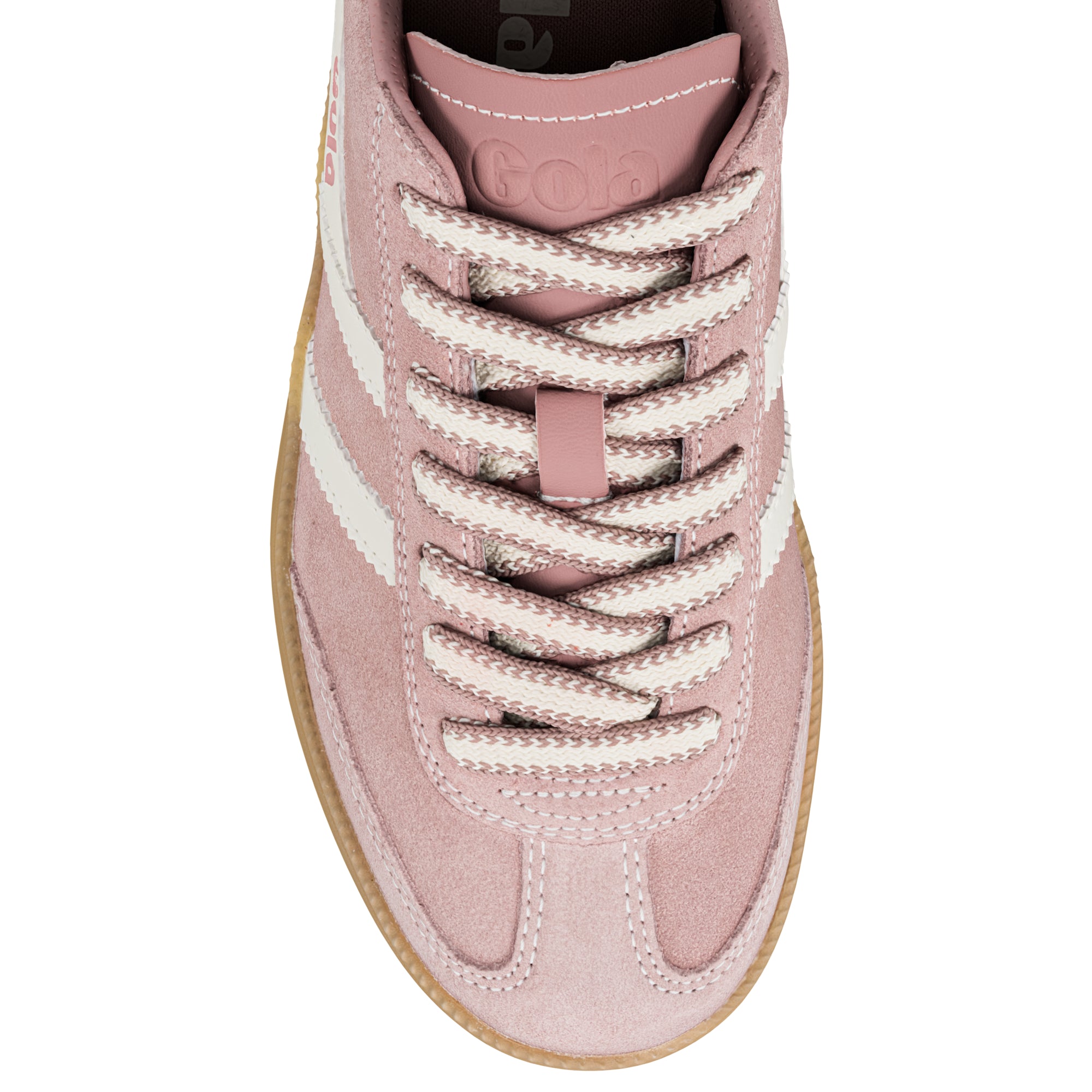 Top view of a pink suede Gola trainer with white laces and a gum sole