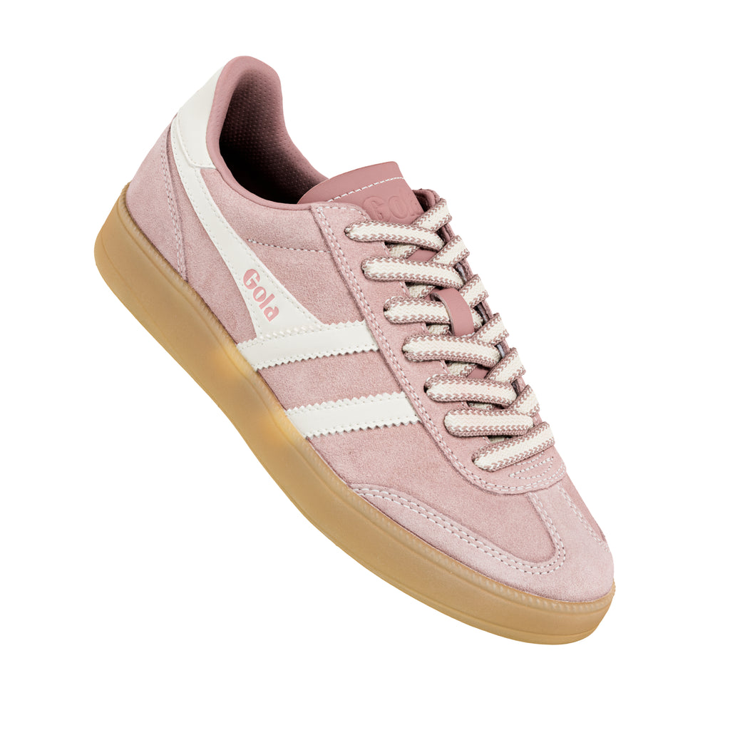 Pink suede Gola trainer with white side stripes and a gum sole