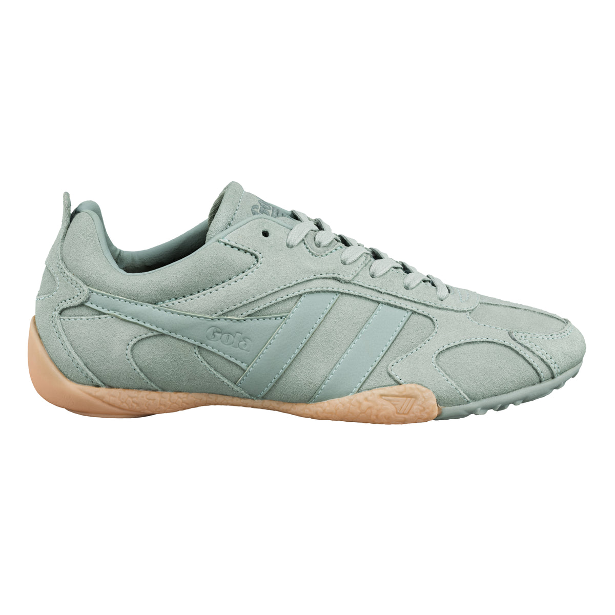 Sage green Gola Classics suede trainer with a gum rubber sole