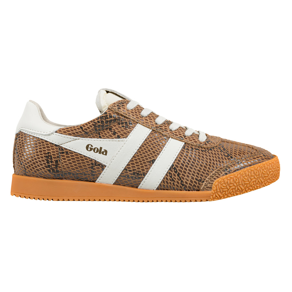 Brown snakeskin pattern Gola trainer with white side stripes and gum sole