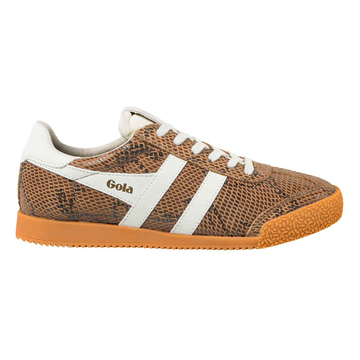 Gola Classics brown snakeskin print trainer with white side stripes and gum sole