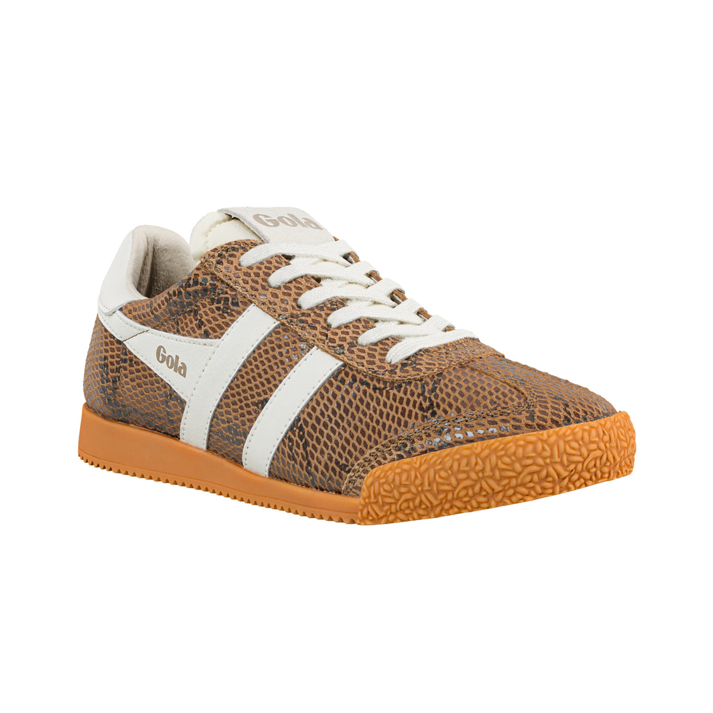 Brown snakeskin pattern Gola trainer with white side stripes and gum sole