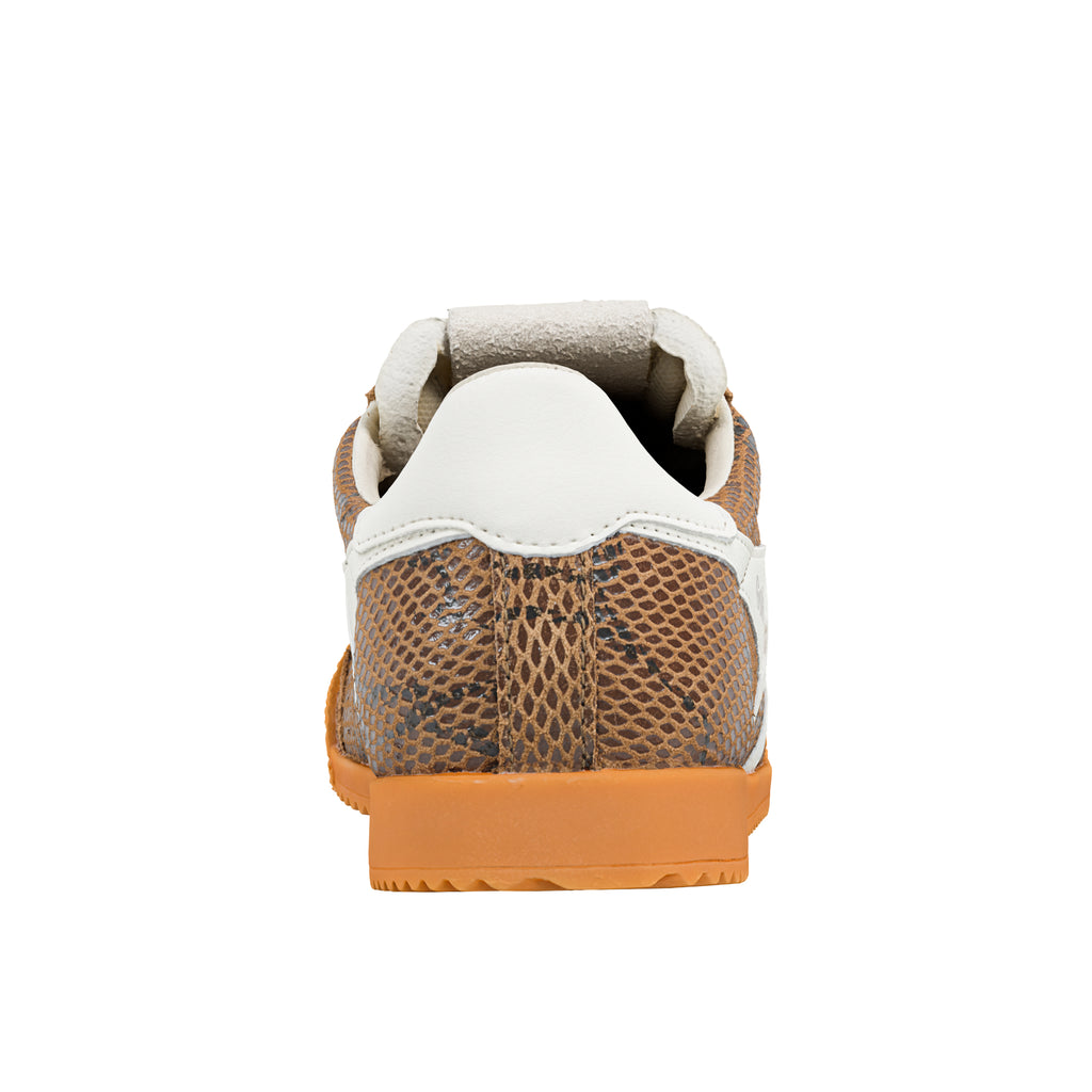 Rear view of a brown snakeskin pattern trainer with a white heel tab and gum rubber sole