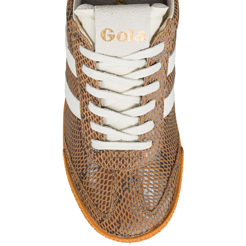 Brown snakeskin pattern Gola trainer with white laces and white side stripes