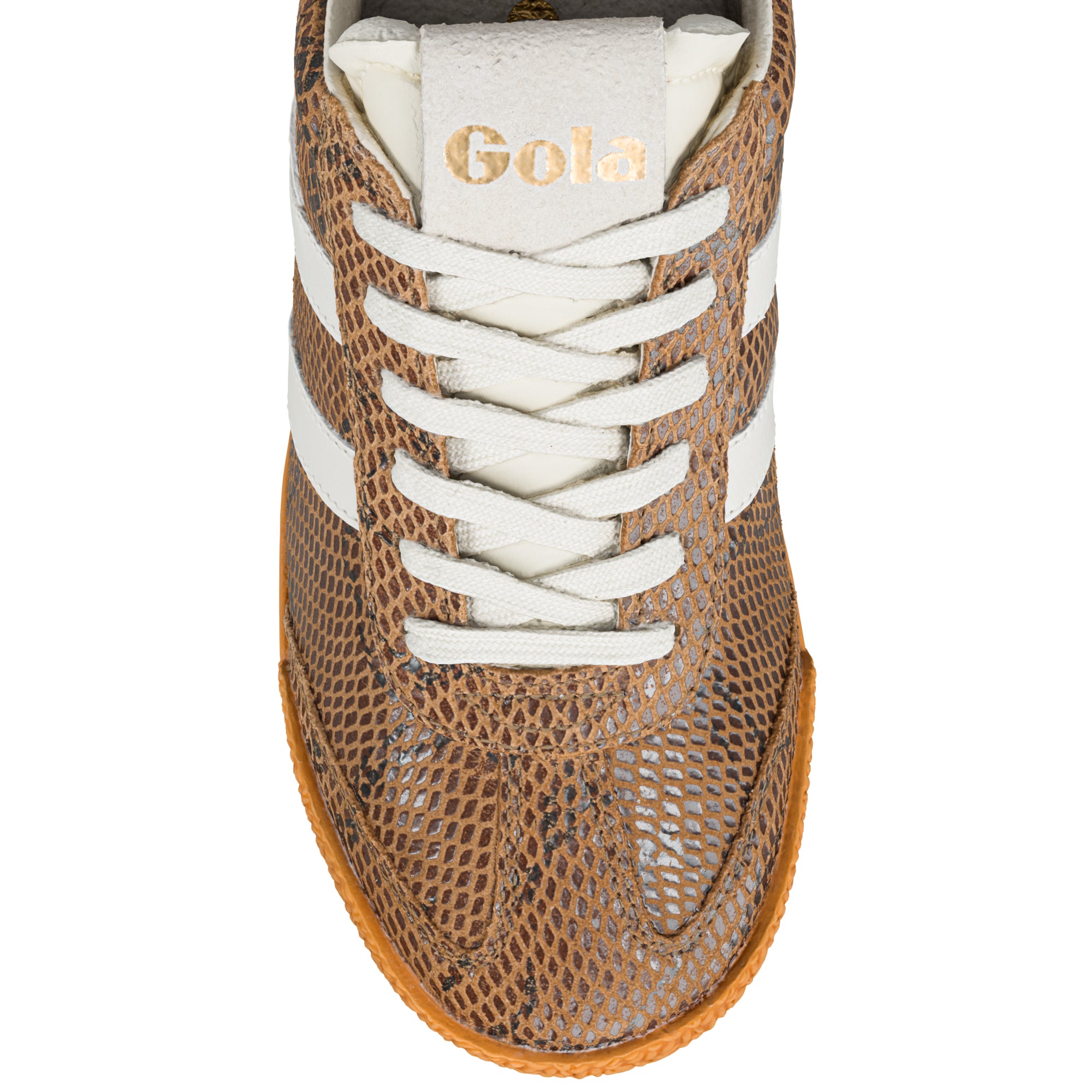 Brown snakeskin pattern Gola trainer with white laces and white side stripes